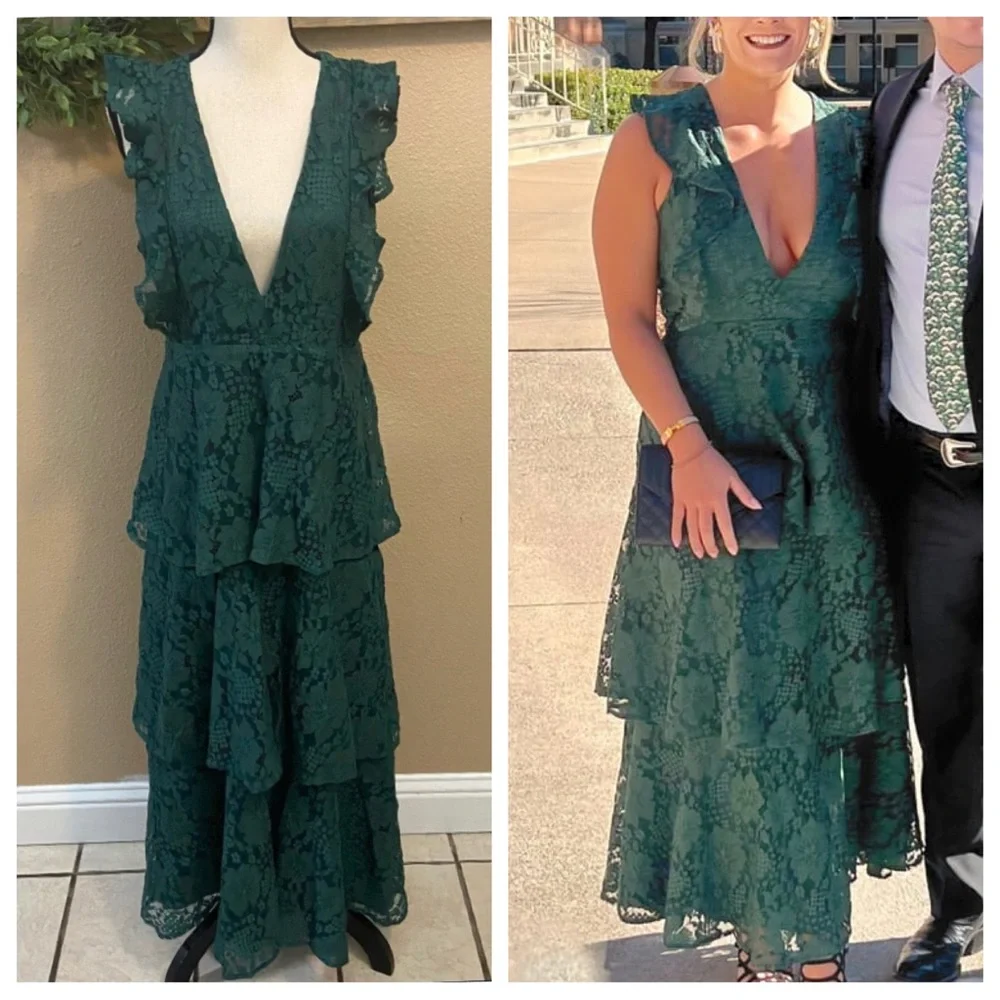NWOT Lulus Molinetto Forest Green Lace Ruffled Tiered Sleeveless Maxi Dr…_10